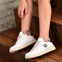 Tênis Casual Feminino Dorf em Couro Off White e Preto