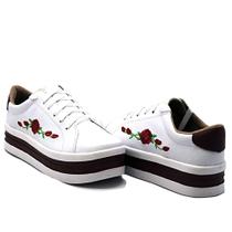Tênis Casual Feminino Flat Form Bordado Floral Lateral Branco Leve