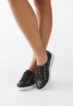 Tênis Casual Feminino Preto Couro Legítimo Cadarço