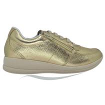 Tênis Casual Feminino Slipon Casual Couro Aj1202 Dourado