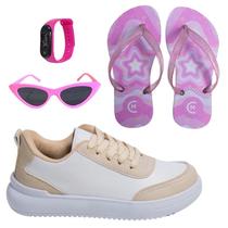 Tênis Casual Infantil Feminino Jogging Meninas Escolar Passeio +Chinelo+Óculos+Relógio