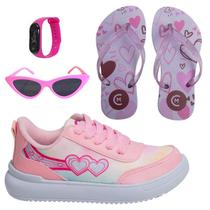 Tênis Casual Infantil Feminino Meninas Leve Escolar Rosa +Chinelo+Óculos+Relógio Tênis Casual Infantil Feminino Meninas Leve Escolar Rosa +Chinelo+Óculos+Relógio