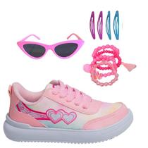 Tênis Casual Infantil Feminino Meninas Leve Escolar Rosa +Óculos+Pulseira+Tictac Tênis Casual Infantil Feminino Meninas Leve Escolar Rosa +Óculos+Pulseira+Tictac