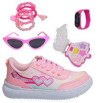 Tênis Casual Infantil Feminino Meninas Leve Escolar Rosa +Óculos+Relógio+Pulseira+Make