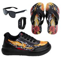 Tênis Casual Infantil Masculino Chumbo/Preto/Fogo +Chinelo+Óculos+Relógio Tênis Casual Infantil Masculino Chumbo/Preto/Fogo +Chinelo+Óculos+Relógio