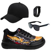 Tênis Casual Infantil Masculino Chumbo/Preto/Fogo +Óculos+Relógio+Boné