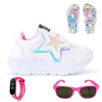 Tenis Casual Infantil Meninas Estrela Glitter Calce Facil + Chinelo Oculos Relogio
