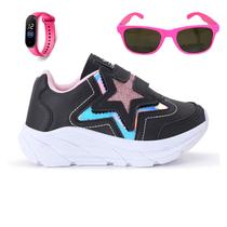 Tenis Casual Infantil Meninas Estrela Glitter Calce Facil + Oculos Relogio