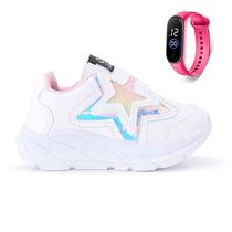 Tenis Casual Infantil Meninas Estrela Glitter Calce Facil + Relogio