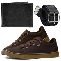 Tênis Casual Masculino Costurado Marrom + Carteira Pequena Slim + Cinto Gorgurão Fivela Prata