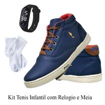 Tênis Casual Masculino Infantil Juvenil Menino na Cor Azul com Meia e Relógio Digital do 27 ao 36