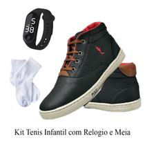 Tênis Casual Masculino Infantil Juvenil Menino na Cor Preto com Meia e Relógio Digital do 27 ao 36