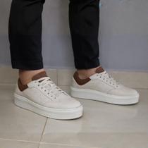 Tênis Casual Masculino Off White Couro Sola Alta Ultra Leve Tênis Casual Masculino Off White Couro Sola Alta Ultra Leve
