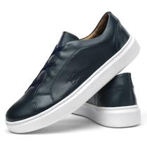 Tênis Casual Sapatênis Couro Masculino Calce Fácil Ajustável Forro Couro Solado Flatform Marinho