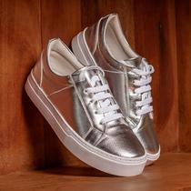 Tênis Casual Sintetico Metalizado Prata