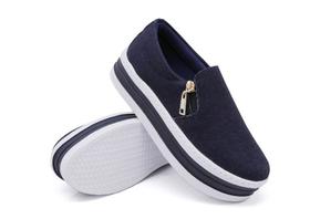 Tenis Casual Slip com Sola Plataforma Zíper Lateral Jeans
