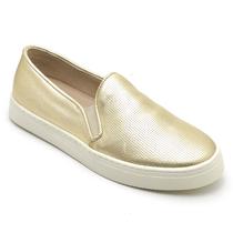 Tênis Casual Slip On Couro Feminino Forro Tecido Espumado Confortável Macio Leve Solado Flat