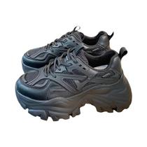 Tênis Chunky De Plataforma Em Couro Preto Para Mulheres, Moda Casual De Verão 2024 Tênis Chunky De Plataforma Em Couro Preto Para Mulheres, Moda Casual De Verão 2024