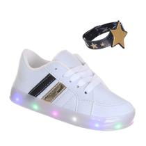 Tenis com luz de led infantil branco listras preto dourado