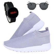 Tênis Confortável Super Leve Masculino Cinza + Relógio Digital Silicone + Óculos Hexagonal Preto
