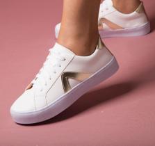 Tênis D Matias Casual Flatform Liso Feminino - Branco dourado ouro - D'Matias