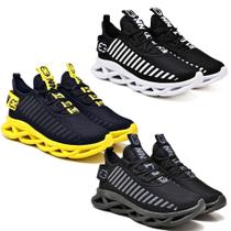 Tênis de Corrida Masculino Academia Macio- 3 Pares Preto e Amarelo Tênis de Corrida Masculino Academia Macio- 3 Pares Preto e Amarelo