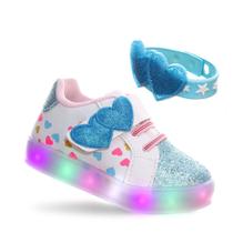 Tênis de Criança Com Led Luz Infantil Menina Com Pulseira Branco e Azul