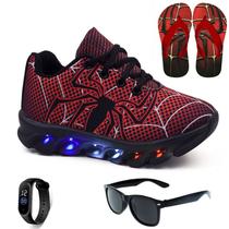 Tenis De Led Aranha Infantil Preto Masculino Meninos + Chinelo + Oculos + Relogio