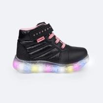 Tênis de Led Cano Médio Pampili Liz Luz Matelassê Comfy Preto e Rosa Neon