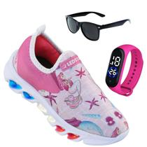 Tênis de Led Infantil Feminino Ledstar Calce Facil Sereia Rosa + Relógio + Óculos