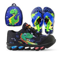 tenis de led infantil masculino dinossauro com luzinha meninos mais chinelo e mochila