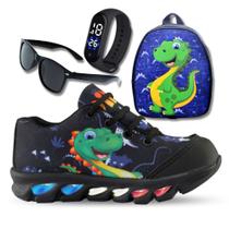 tenis de led infantil masculino dinossauro com luzinha meninos mais mochila com relogio e oculos