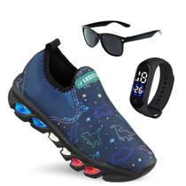 Tênis de Led Infantil Masculino Ledstar Calce Facil Dino + Relógio + Óculos