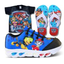 Tênis de Led Infantil Masculino Patrulha Canina + Chinelo + Camisa