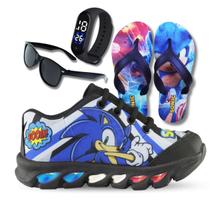 tenis de led infantil masculino sonic boom com luzinha meninos mais chinelo com relogio e oculos