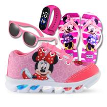 Tênis De Led Infantil Menina Feminino Minnie + Chinelo + Relógio + Óculos