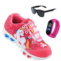 Tenis de led infantil meninas Ledstar calce facil Unicornio desenhos Luzinhas mais relogio e oculos