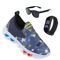 Tenis de led infantil meninos Ledstar calce facil astronauta desenhos mais Relogio e Oculos