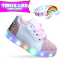 Tênis de Led Luz Menina Branco Rosa Arco Iris Mais Pulseira