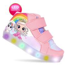 Tenis de led luz princesa e unicornio infantil feminino meninas