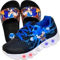 Tenis De Led Masculino Calce Facil Sonic Infantil Meninos Estilo Original + Chinelo Pala