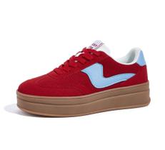 Tênis de moda LUCKY STEP Platform femininos de couro vermelho/azul