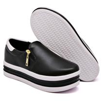 Tênis Elástico Slip On Feminino Zíper Plataforma Branco Preto Dk Shoes
