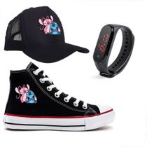 Tênis Estampado Kit Relogio e Boné Lilo Stitch Novo Casal Apaixonado Infantil Adulto Tênis Estampado Kit Relogio e Boné Lilo Stitch Novo Casal Apaixonado Infantil Adulto