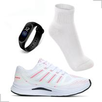 Tenis Feminino Academia Caminhada Treino Corrida Confortável Leve Kit Meia Relogio