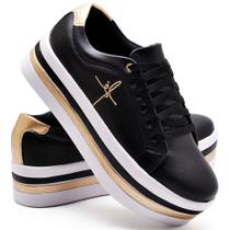 Tênis Feminino Bordado Fé Preto Salto Plataforma Anabela Casual Tênis Feminino Bordado Fé Preto Salto Plataforma Anabela Casual