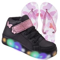 Tenis Feminino Botinha De Led Calce Facil Borboleta Glitter Brilho + Chinelo