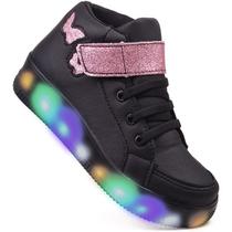 Tenis Feminino Botinha De Led Calce Facil Borboleta Glitter Brilho