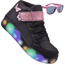 Tenis Feminino Botinha De Led Tira Colante Borboleta Glitter Brilho + Oculos