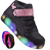 Tenis Feminino Botinha De Led Tira Colante Borboleta Glitter Brilho + Relogio